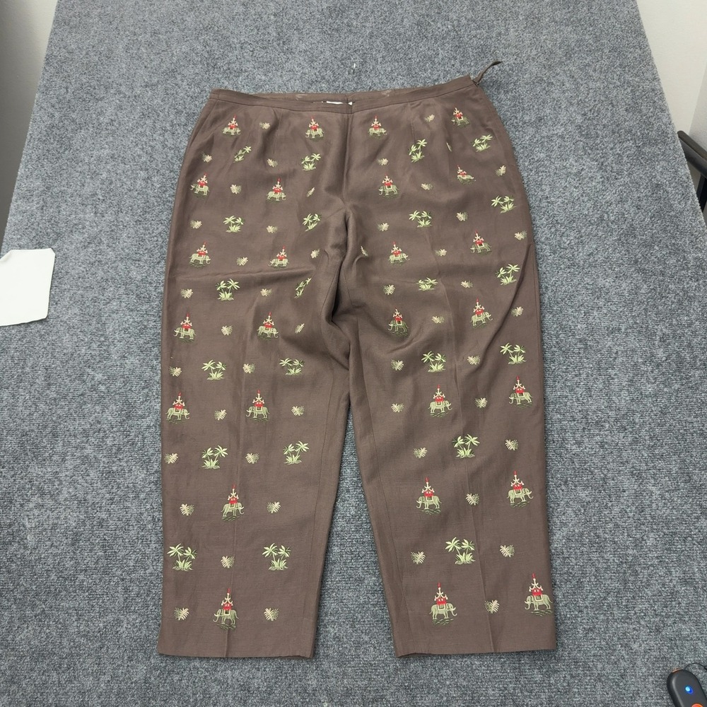 Talbots Pants Womens 18W Brown Silk Linen Elephant Embroidered Boho Vintage